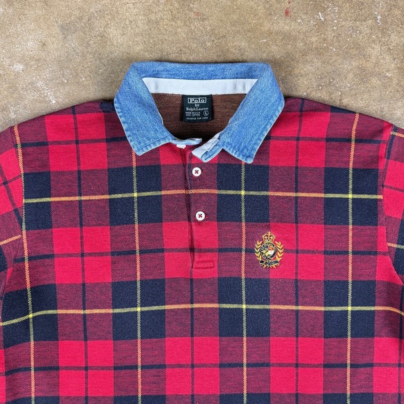 Vintage Ralph‎ Lauren Plaid Polo Men's L Red Black Chambray Crest Made in USA - Picture 2 of 11
